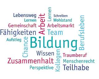 Bunte Wortwolke mit Begriffen zu Bildung und beruflicher Entwicklung.